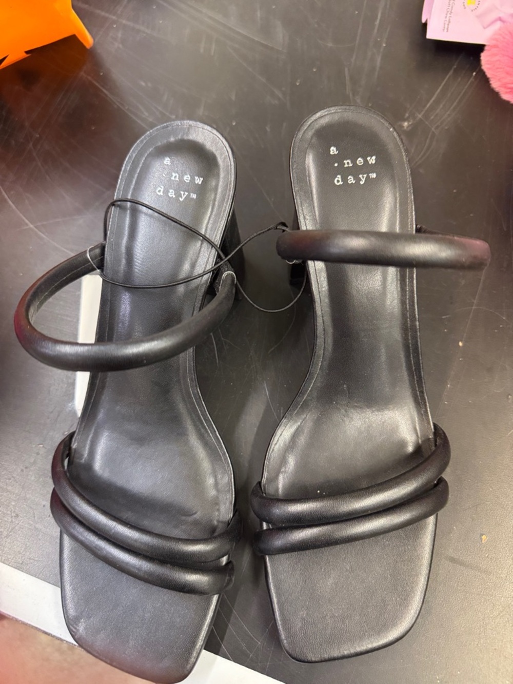 a new day Black Padded Tubular-Strap Square Toe Sandals